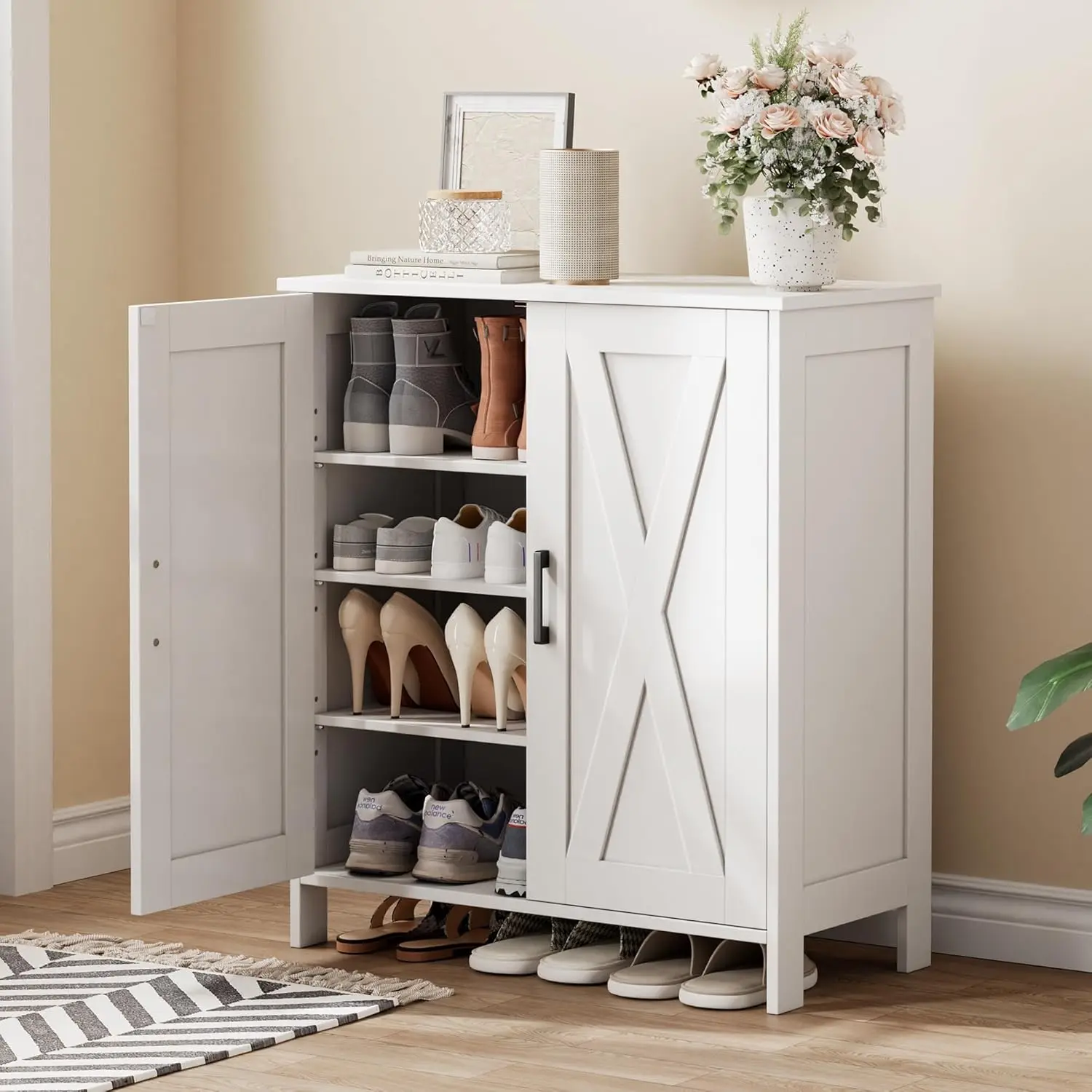 

Farmhouse Shoe Cabinet with2 Barn Doors&Wood Legs,5-Tier Shoe Storage Cabinet with 3 Adjustable Shelves,Tall Shoe Rack Organizer