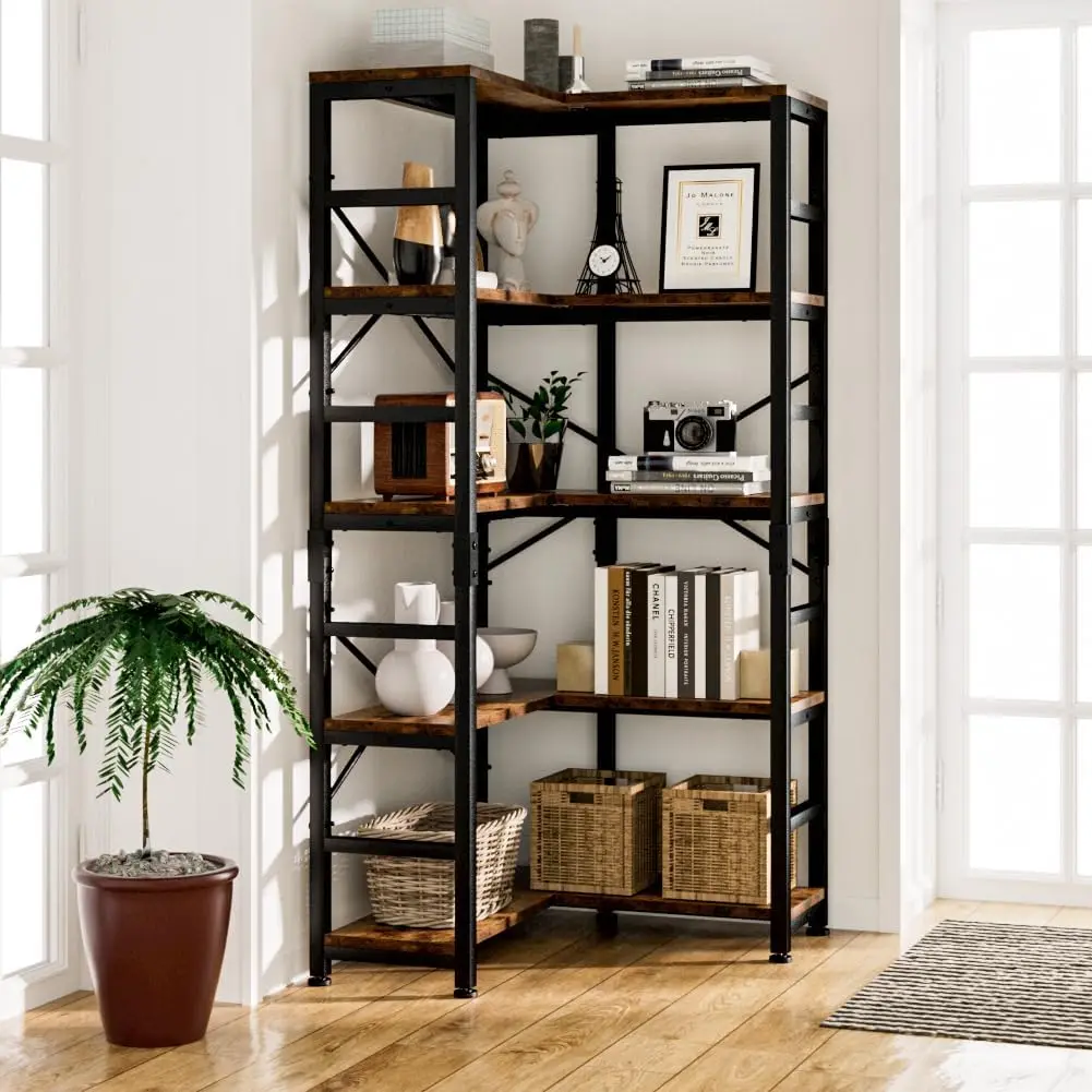 5 Tier Corner Bookshelf, Modern Corner Bookcase, Large Open Shelf Bookcase, Tall Bookshelves Storage Display Rack for Bed