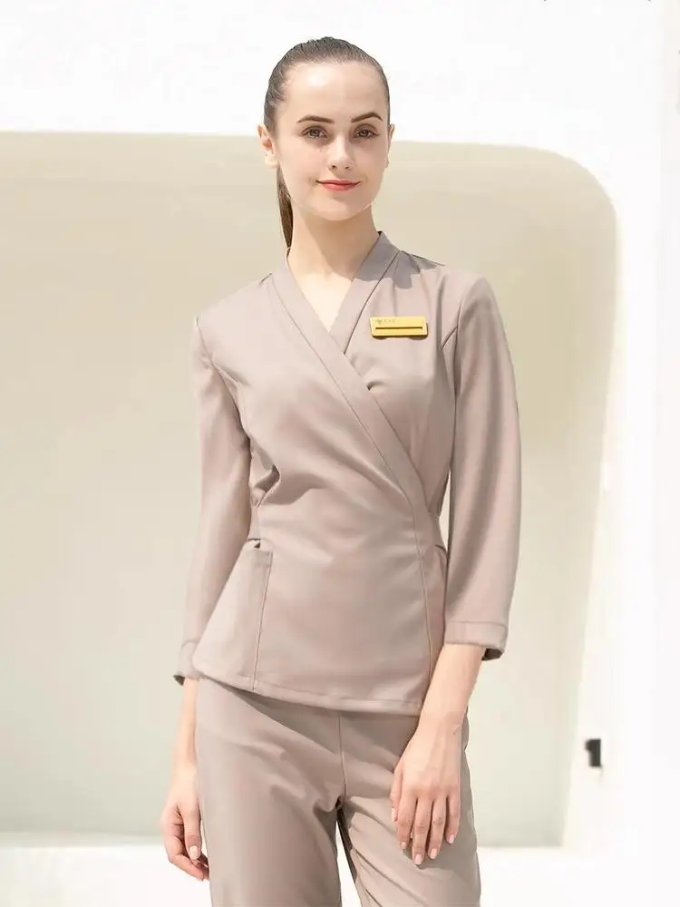High-End plus Size Beauty Salon Uniform Set Dual Color Fabric Women's Front Desk Tea House Hotel Foot Bath Outfit Medical Aes...