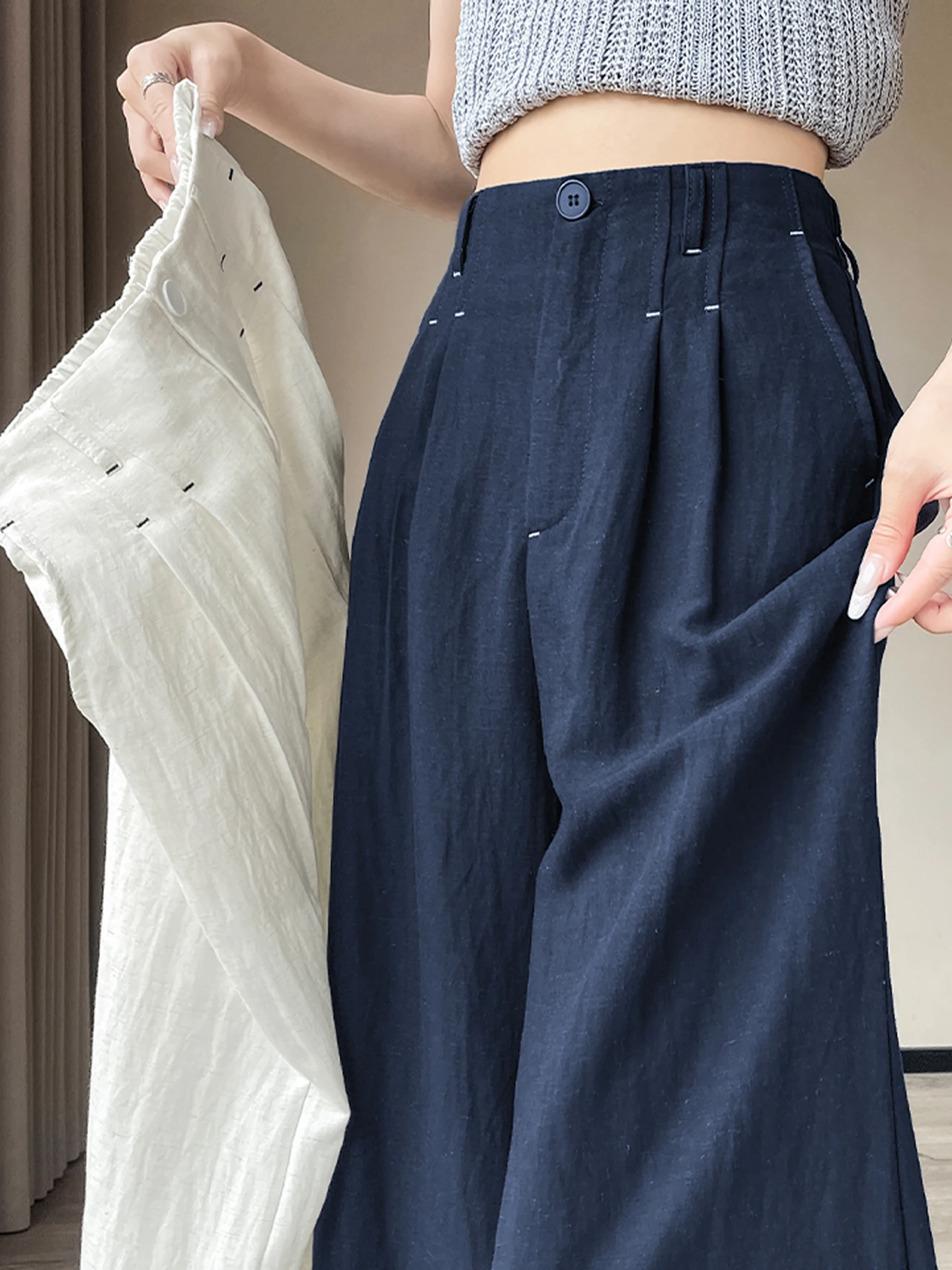 

Женские летние тонкие брюки с высокой талией из драпированного льняного шелка, широкие прямые брюки в стиле самурая, новинка