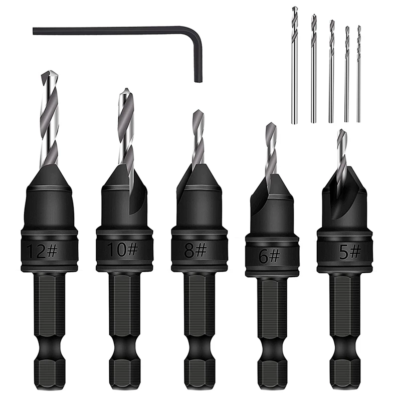 5-Piece Set Of 3/8-Inch Quick-Change 82° Chamfer Adjustable Drill Bits,HSS Wood Drill Bits Sink Hole Drilling Tool Kit