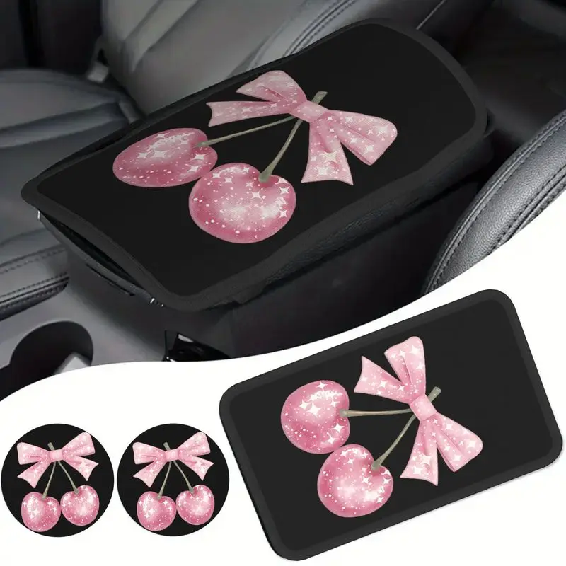 1PC Car Armrest Cover And 2Pcs Cup Coasters: Starry Pink Cherry Bow Pattern For Cute Women Auto Interior, Prevent Scratch Aging