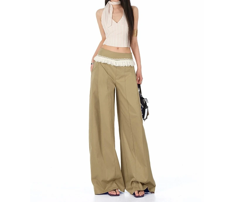 

2025 Summer Khaki Lace Splicing Wide Leg Pants Women's New Design Sense Suit Low Waist Folded Pants