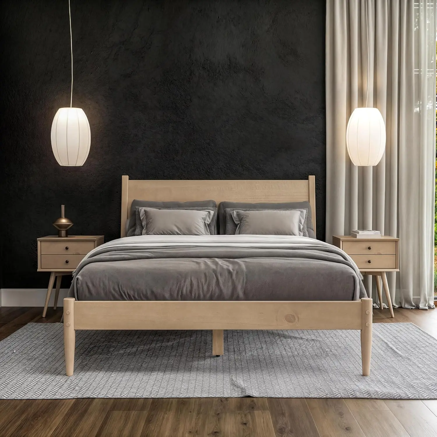 حامل ليلي لمنتصف القرن / درجين / خشب متين / 24 بوصة ارتفاع / سهل التجميع، لمسة نهائية من خشب البلوط الخفيف