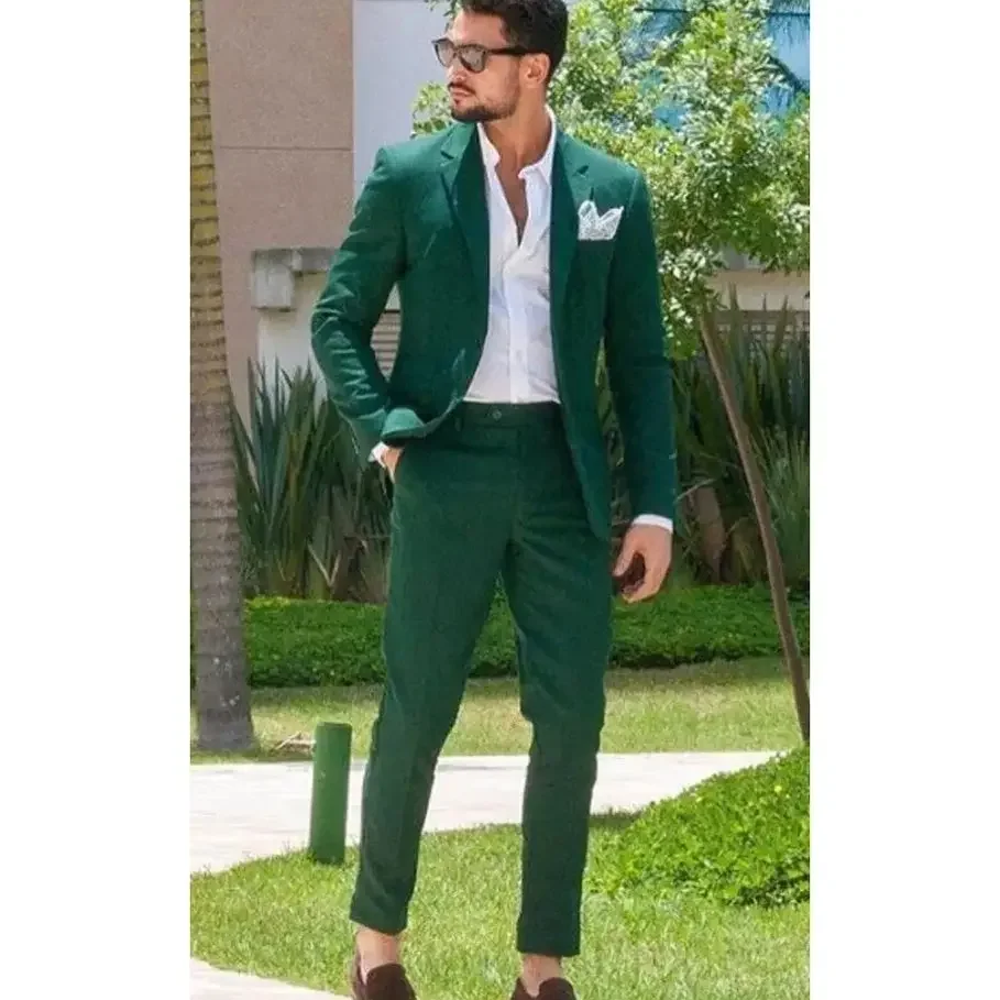 New High-end Green Men Suit Two-pieces(Jacket+Pants) Set Slim Fit Fashion Handsome Male Formal Clothing