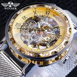 Gewinner lässig mechanische Uhren für Männer goldene römische Mode Edelstahl Gürtel Mesh Armband Armbanduhr Uhr Relogio Masculino