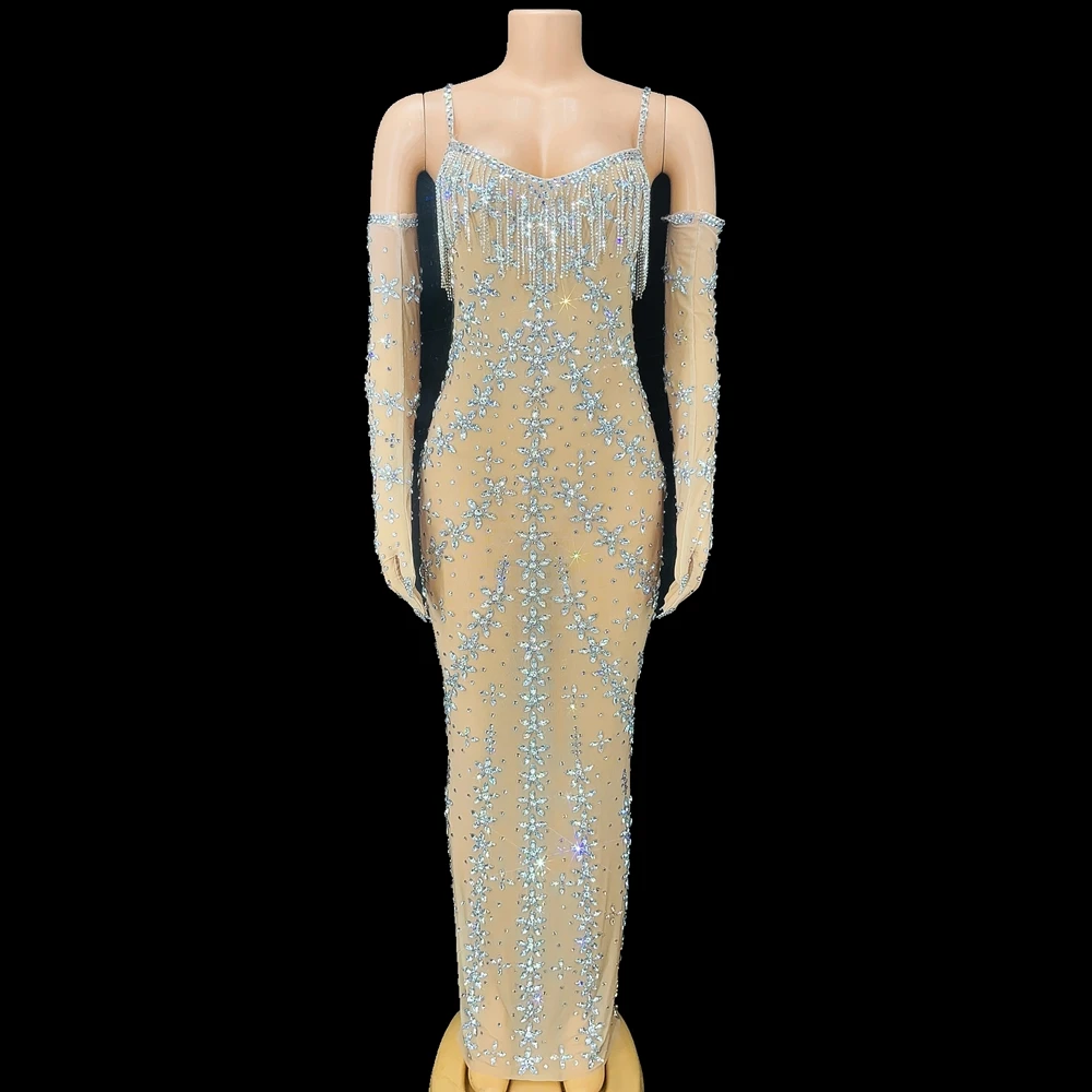

Sparkly Crystal Rhinestones Mesh Transparent Long Dress Gloves Set Celebrate Wedding Evening Prom Gown Birthday Dress Stage Wear
