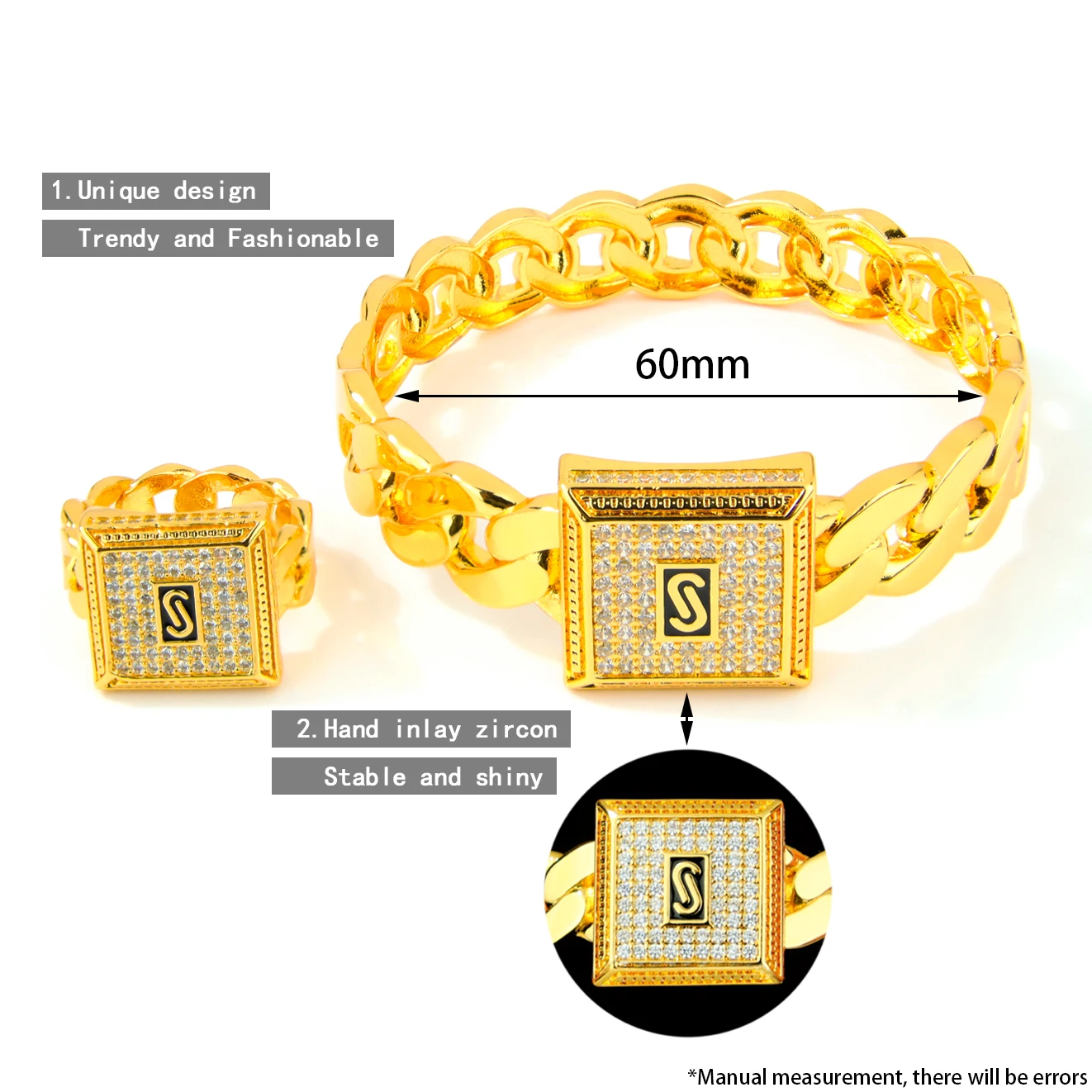 Dubai Mode Zirkonia Schmuckset 21k Vergoldet Monaco Mode Hip-Hop Offene Armreifen Ring Arabische Damen Event Party Schmuckstücke – Detail 2