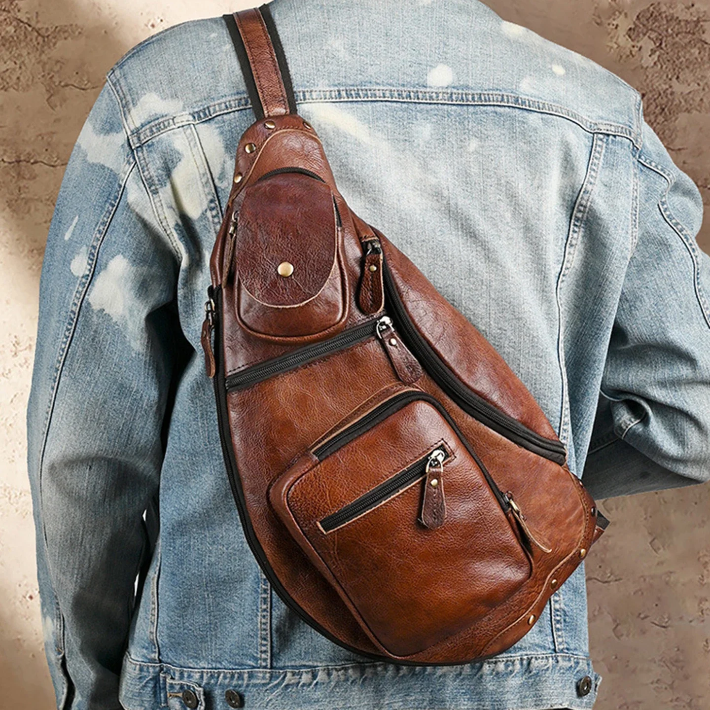 Men Vintage Genuine Leather Sling Backpack Chest Bag Large Capacity Crossbody Bag for Travel Hiking Cycling Daily Commute