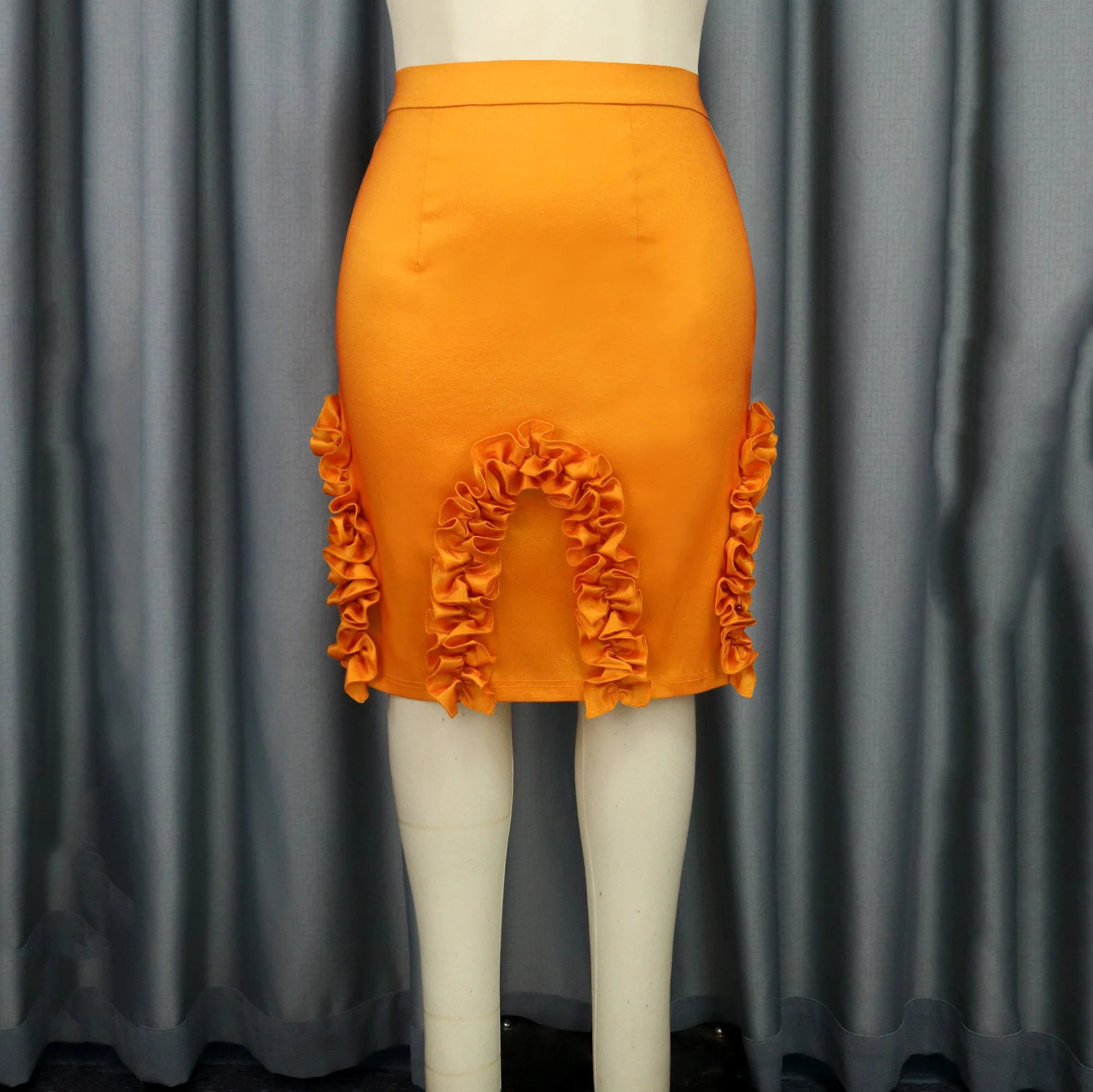 Orange Skirts for Women High Waisted Falbala Bodycon Mid Calf Elegant Ladies Birthday Party Dinner Wear Skirts Clothes Wholesale