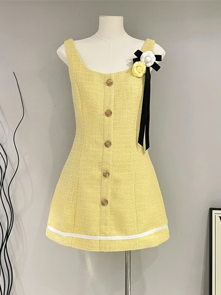 Yellow French Small Fragrant Tweed Party Dress For Women 2023 High Quality Korean Sweet Fashion 3D Flower Slim Summer Dresses