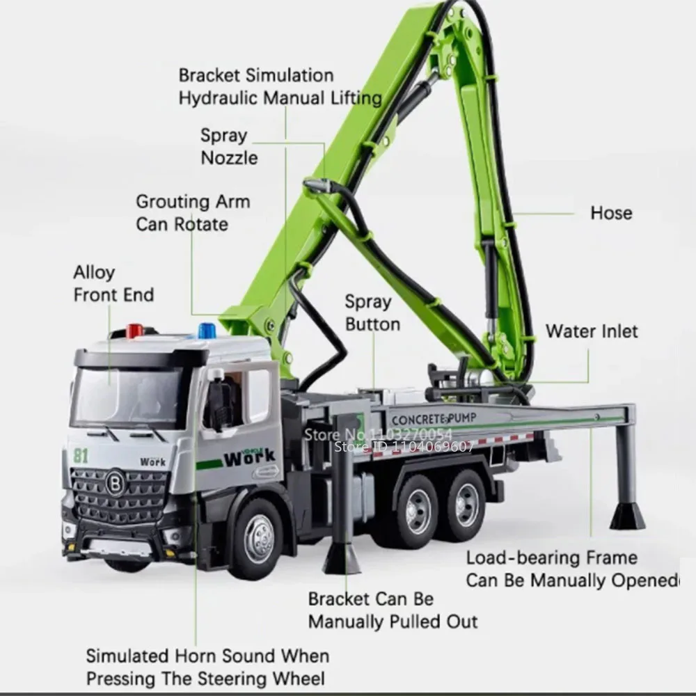 Camions à pompe à ciment en métal moulé sous pression, portes arrière à nervures, véhicules d'ingénierie ouverts, cadeaux de festival pour garçons, jouets modèles 1:24, son et lumière