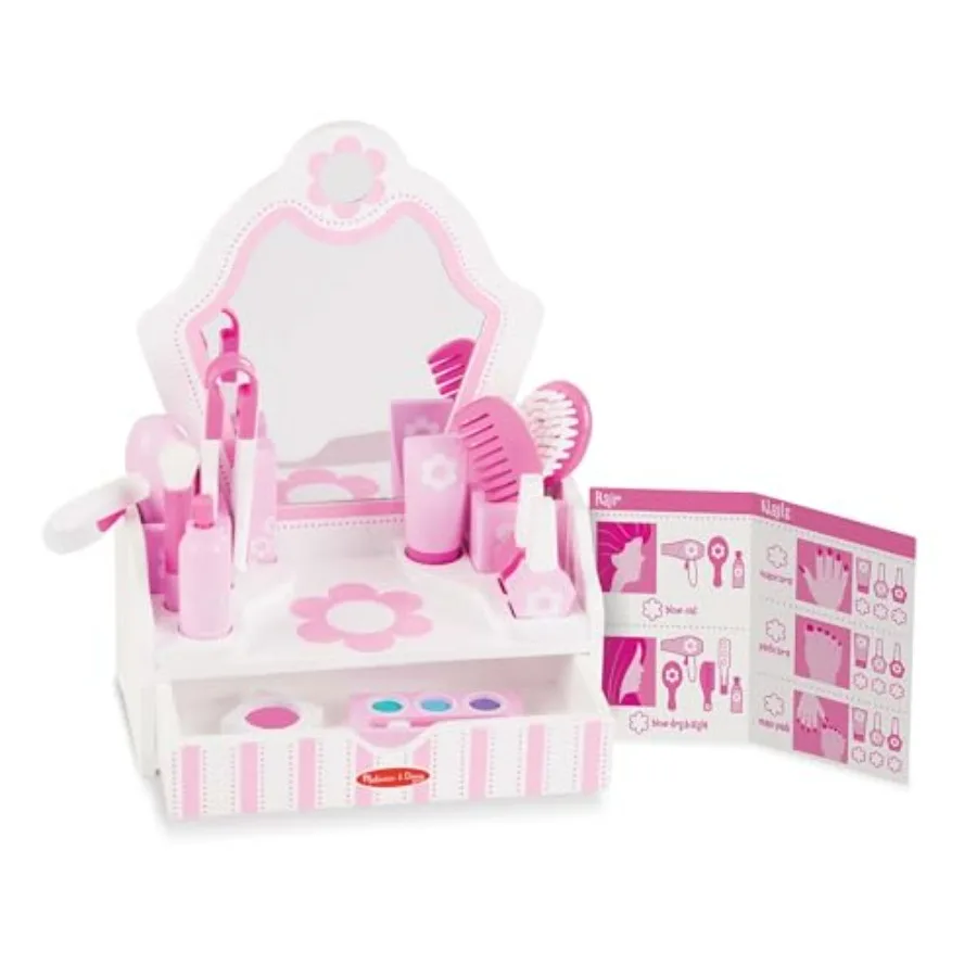 

Wooden Beauty Salon Play Set 18-Piece Vanity with Pretend Play Toys Makeup Mirror Accessories More for Preschoolers Ages 3+ FSC