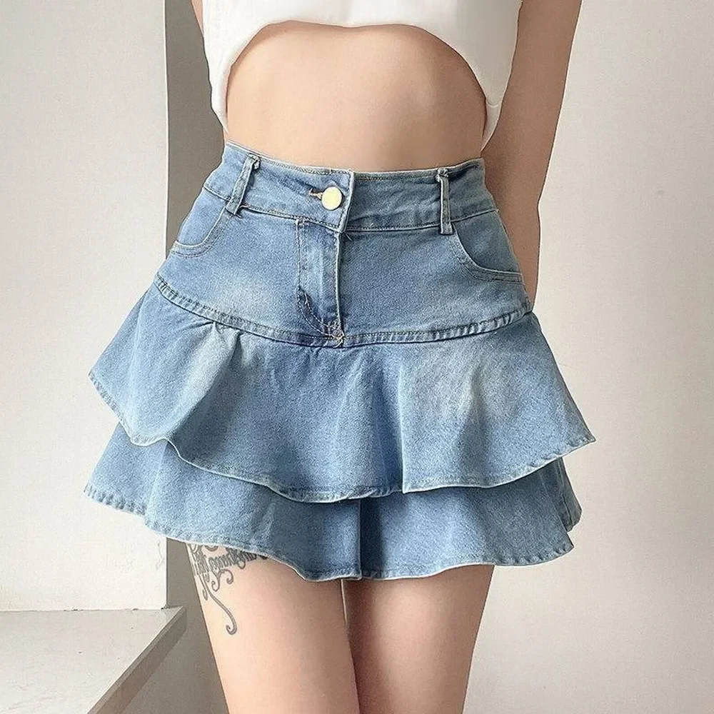 Frühling Sommer doppellagiger gekräuselter Denim-Kurzrock vielseitiger Kuchenrock hohe Taille schlankmachender, blendfreier, ultrakurzer Rock