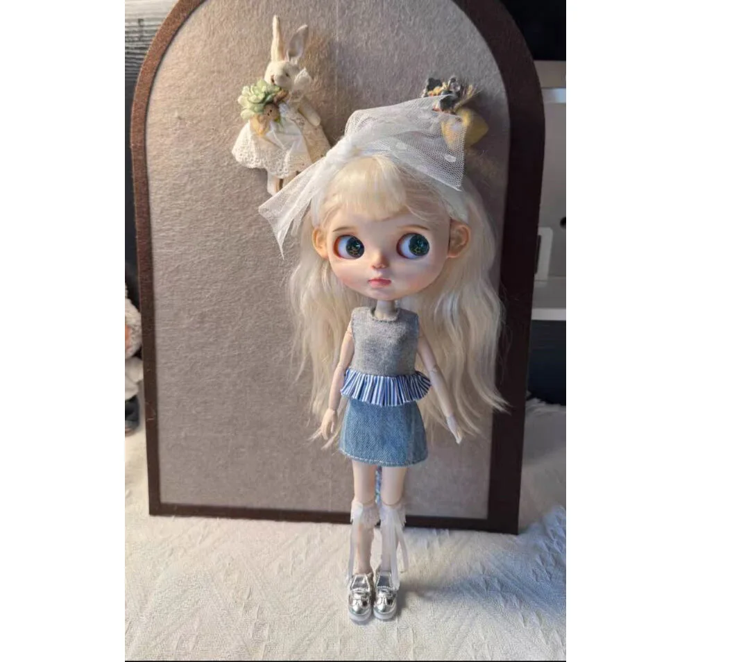 3pcs lady style 2025 Blythe Splicing top+denim skirt+lace headpiece(Fit for Lulu,ymy24,Ob22,24,26,zone, Jenny)