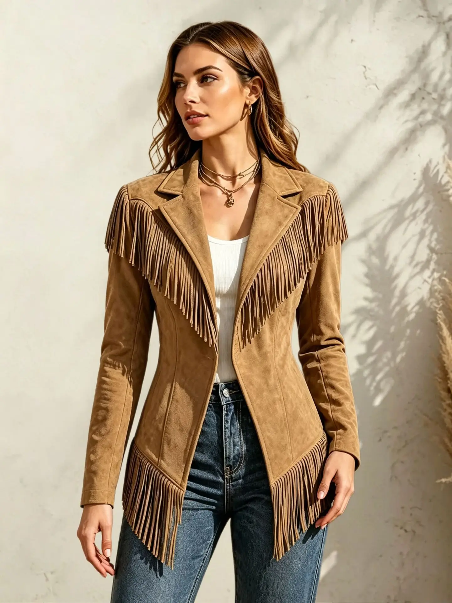 Women Suede Fringe Jacket Lapel Long Sleeve Slim Fit Tassel Coat Vintage Western Style Outerwear Autumn Winter Casual Blazer