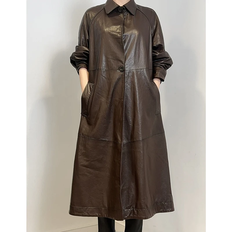 Women's Natural Sheepskin Coat Brown Retro Plant Tanned Leather Jacket Overlength Loose Plus Size Trench Coat Chaquetas Mujer