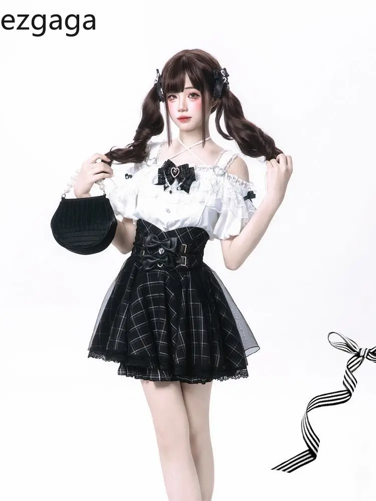

Ezgaga Sweet Lolita White Off Shoulder Blouses Summer Women Harajuku Lace Patchwork Bow Shirts JK Kawaii Slash Neck Tops Blusas