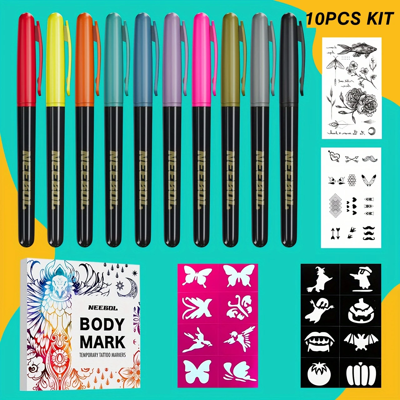 Body Mark Temporary Tattoo Markers For Skin, Tattoo Pen Cool Color Collection With Foil Tattoo Stickers And Template Stickers