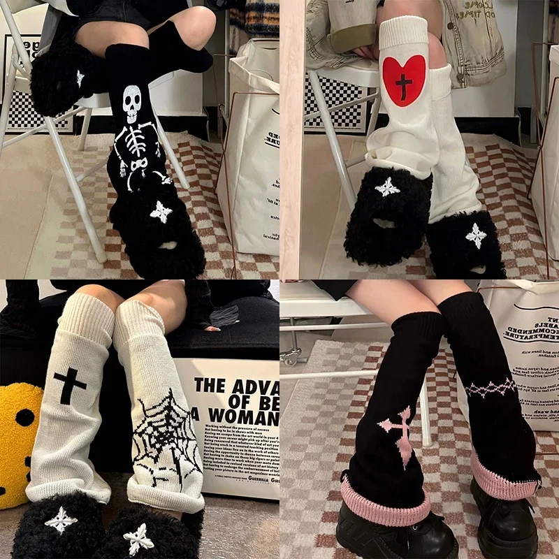 

Y2K Lolita Leg Warmers Harajuku Women Winter Red Heart Print Cross Gothic Skull Halloween Skeleton Spider Web Knitted Leg Covers