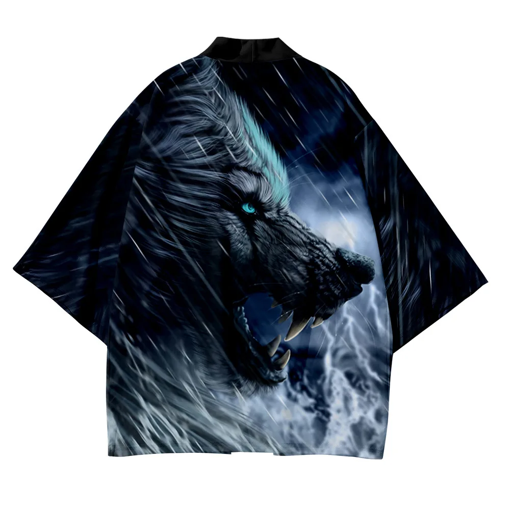 

Plus Size 5XL Wolf Print Fashion Beach Japanese Kimono Kimetsu No Yaiba Robe Cardigan Men Shirts Yukata Haori Women's Clothing