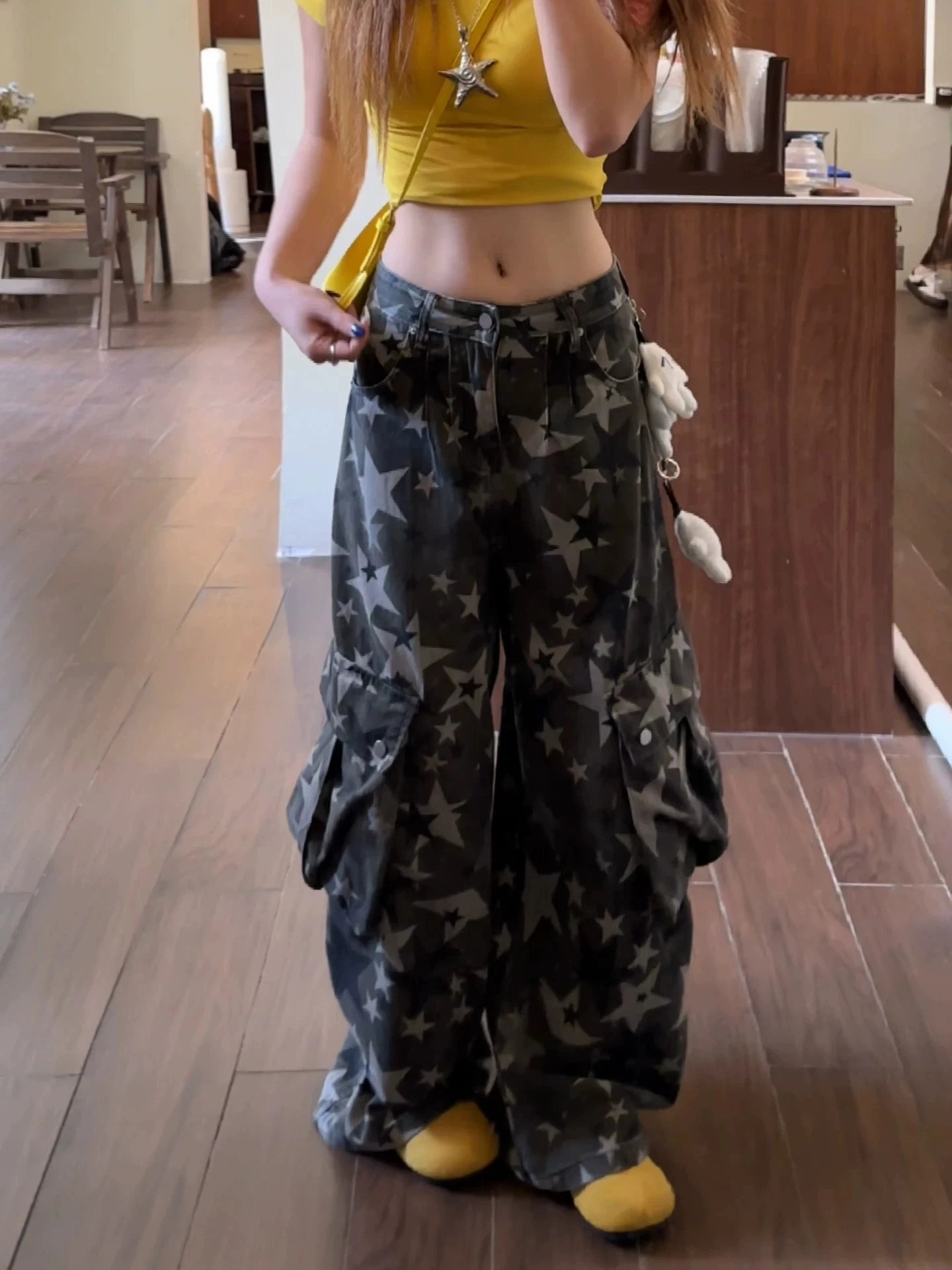American Retro Camouflage Stardenim Pants Women's Multiple Pockets High Waist Wide Leg Knife Pants Loose Micro Flare Streetwear