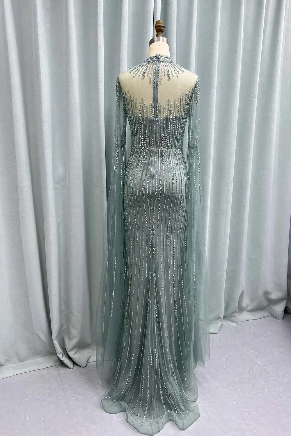 YQLNNE Muslim Sage Green Long Sleeves Evening Dresses Mermaid High Collor Tulle Beaded Weddding Party Gown