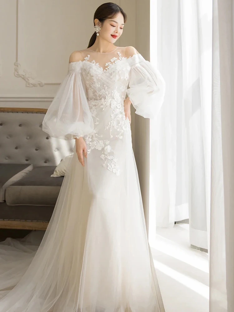 

Ele Long Sve Wedding Dr 2025 New Sle Forest System Guest Gown Small Train Bridal Gown High End Sensation