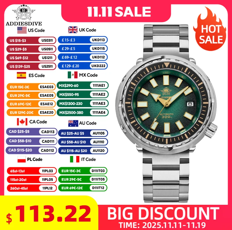 

ADDIESDIVE часы мужские 300 м водонепроницаемые автоматические наручные часы для дайвинга из нержавеющей стали с сапфировым стеклом светящиеся спортивные часы на открытом воздухе