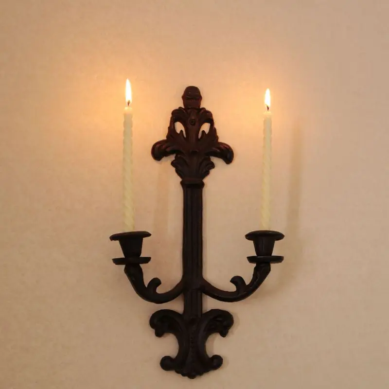 Vintage Cast Iron Craft Double Head Wall Sconce Iron Candle Holder Candle Lamp Heavy Duty Wall Home Hanging Ornament