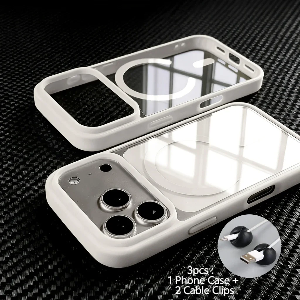 3pcs:1 Case+2 Cable Clips Luxury Transparent Magnetic Phone Case for iPhone 18 17 16 15 14 13Pro Max 16 15 14Plus 13Mini 17Air