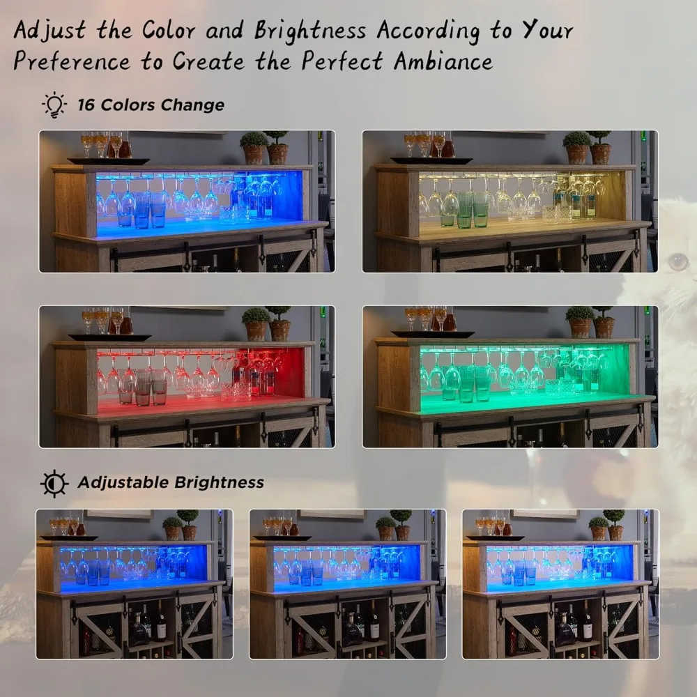 Beleuchteter Bauernhaus-Kaffee- und Weinbarschrank mit Schiebetür und Stauraum für 55 Flaschen