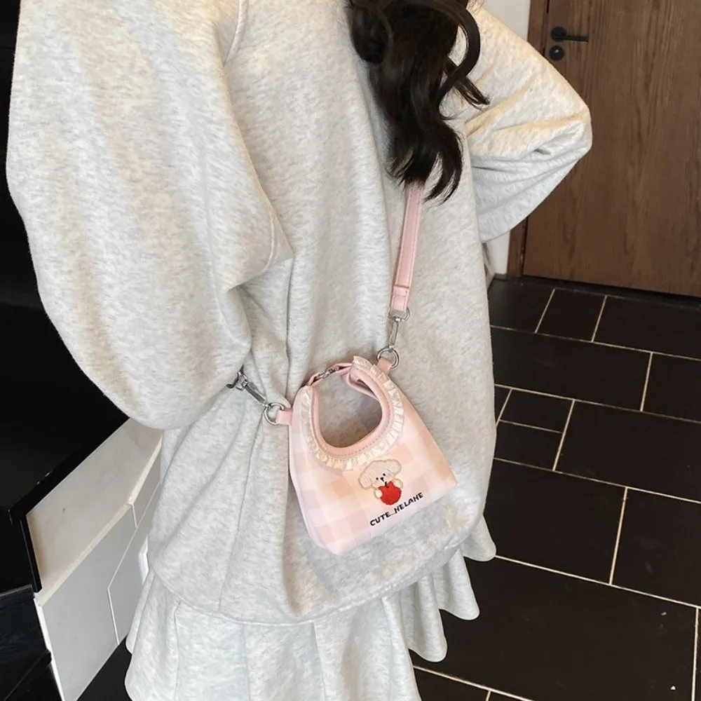 

Portable Embroidery Dog Shoulder Bag Cartoon Solid Color PU Crossbody Bag Korean Style Grid Crescent Handbags Girls