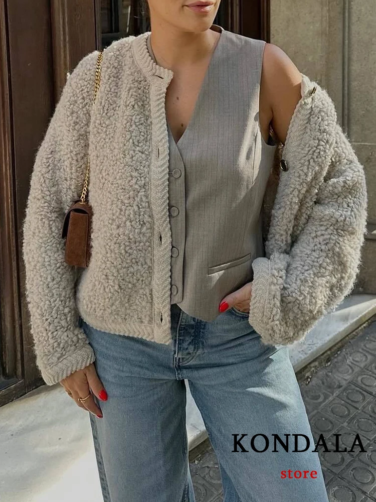 KONDALA Chic Solid Beige Casual allentato manica lunga maglia donna maglione moda 2023 autunno bottone peluche elegante Cardigan oversize