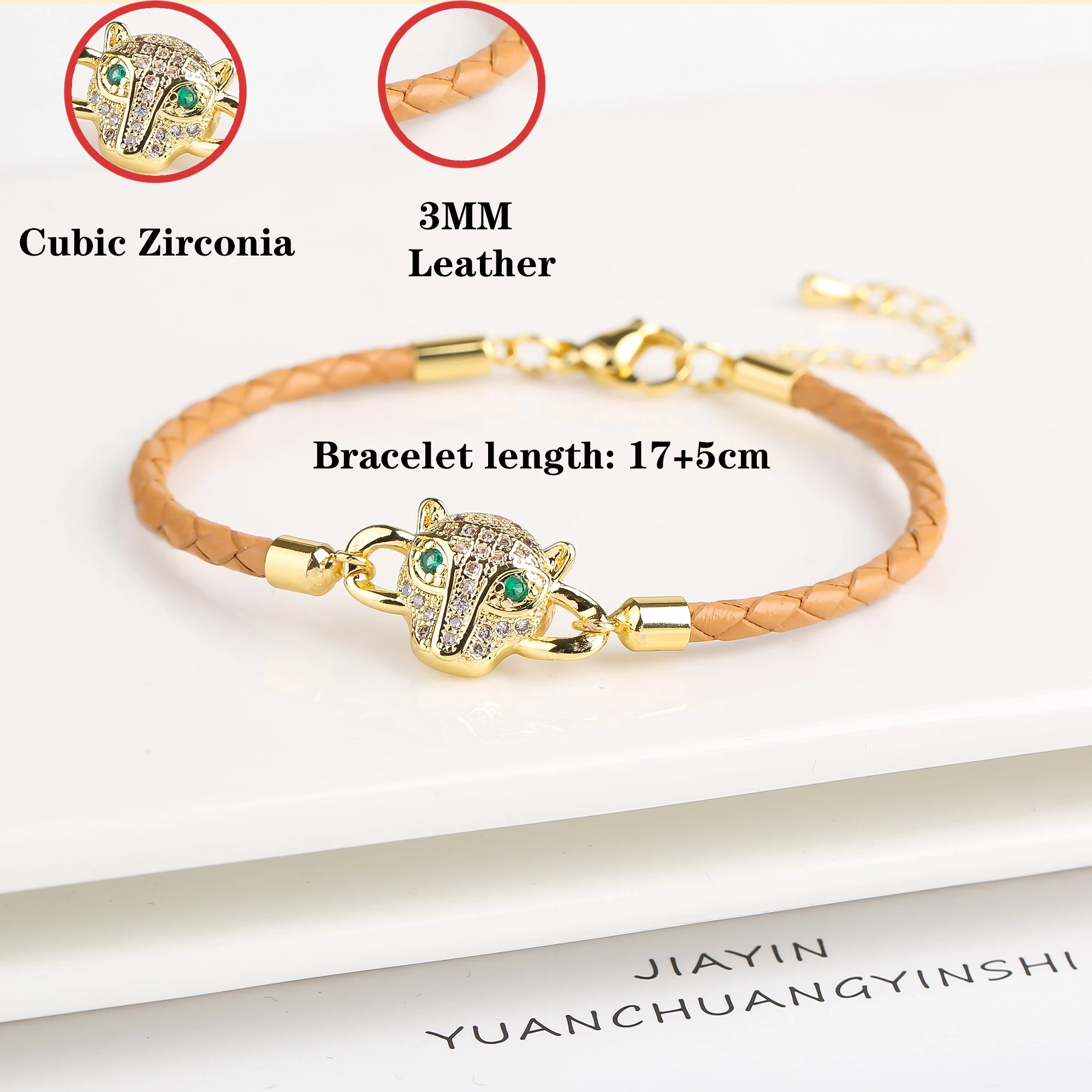 Adjustable Leather Rope Braided Zirconia Animal Leopard Head Bully Bracelet Fashion for Man Woman Party Jewelry Gift Daily Wear
