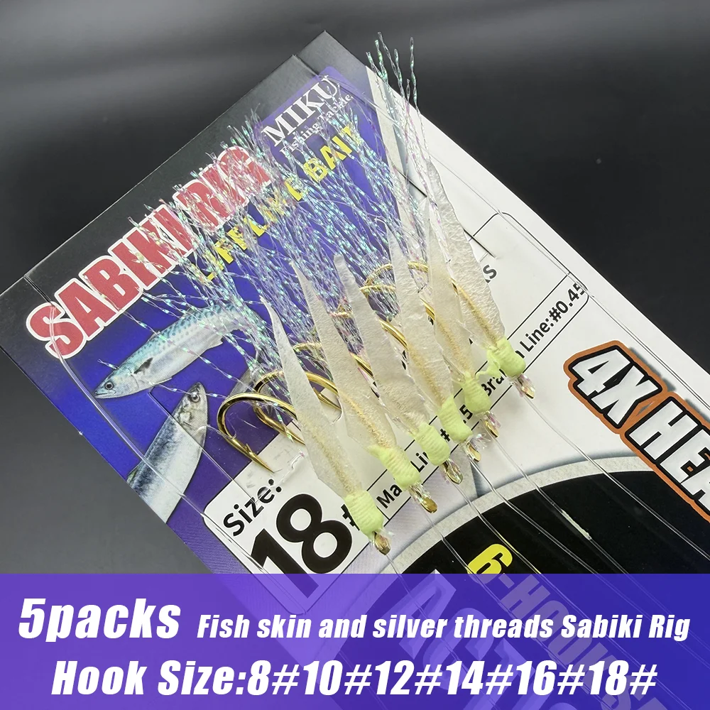 5 Packungen Sabiki-Rig mit Fischhaut und Silberfäden, echte Fischhaut, leuchtende Perlen, hocheffizientes Zubehör für das Meeresangeln
