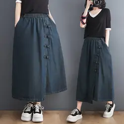 Retro Buttoned Denim Skirt Women's Elastic Waist Irregular A-Line Spring Summer Loose Jeans Saias h863