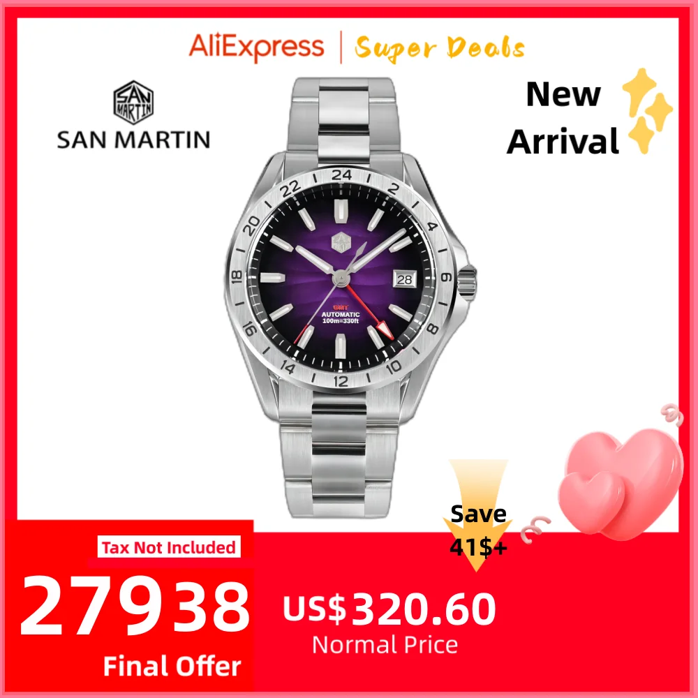 

San Martin 39mm GMT Dress Watches For Men NH34 Automatic Luxury Desert Dune Dial 3H Calendar Display Waterproof Reloj SN0129-6