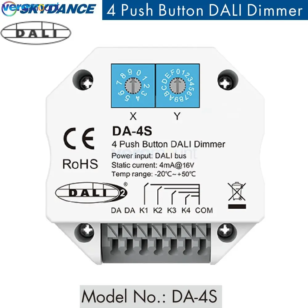 Skydance DA-4S DALI Dimmer 4 Push Button Control Enable to select 4 different addresses for controlling by encoding switch