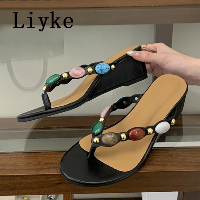 

Женские шлепанцы Liyke Designer с цветными камнями, на танкетке, с круглым носком, на низком каблуке, модные сандалии-слайды