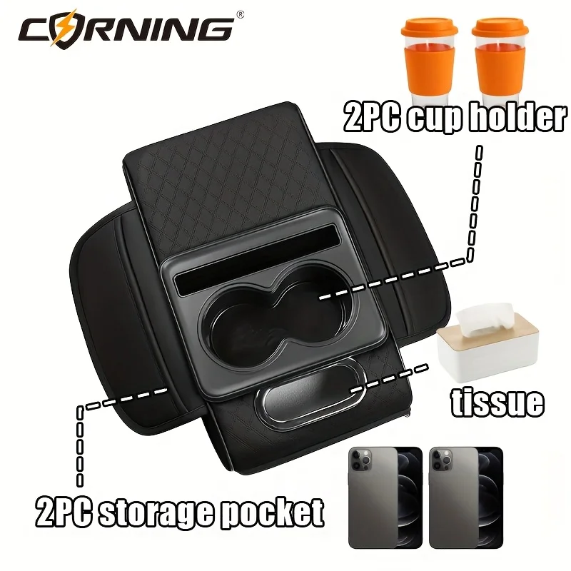 Multifunctional Car Armrest Organizer PU Leather Console Pad with Dual Cup Holders Tissue Slot Side Storage Pockets for Most Car