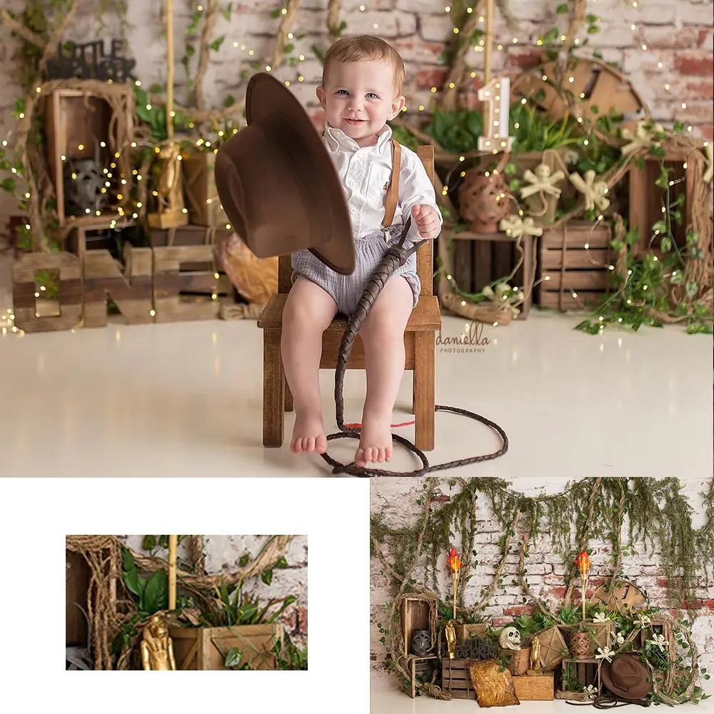 Pequeno Explorador Fundo Fotografia Contexto, Parede de Plantas, Bolo Smash, Photocall Decors, Fundos de Aniversário para Crianças Bebês Meninos e Adultos