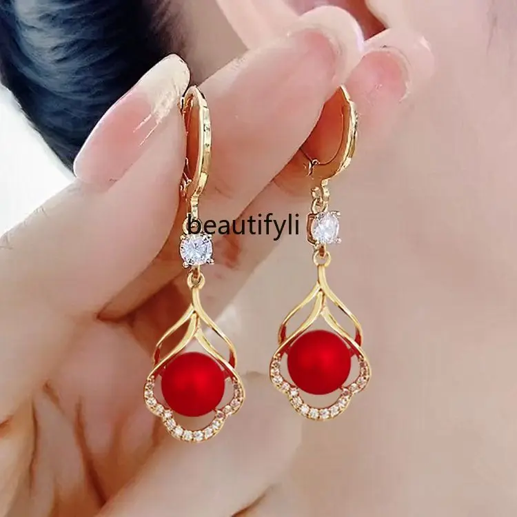 Red festive pearl earrings women's 999 sterling silver ear hook temperament Chinese style design sense niche earrings