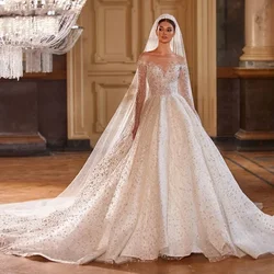 Vestidos De Novia Glanzende Baljurk Met Lange Mouwen Trouwjurk Met Kralen Van Tule Luxe Hochzeitskleid Met Knooprug Prachtig Trouwjurk