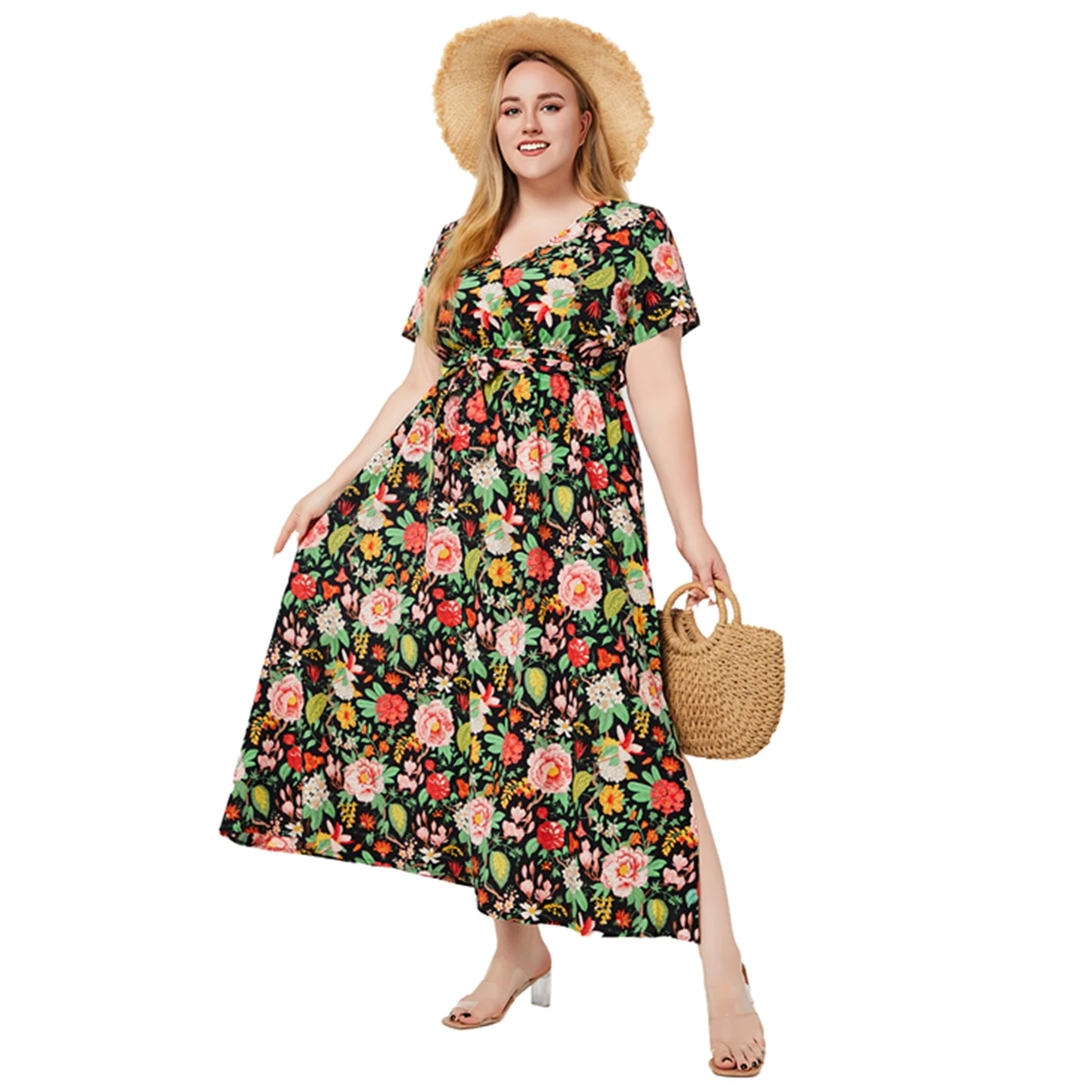 Plus Size lato New Arrival dekolt z krótkim rękawem kwiatowy nadruk sukienki w stylu boho dla kobiet