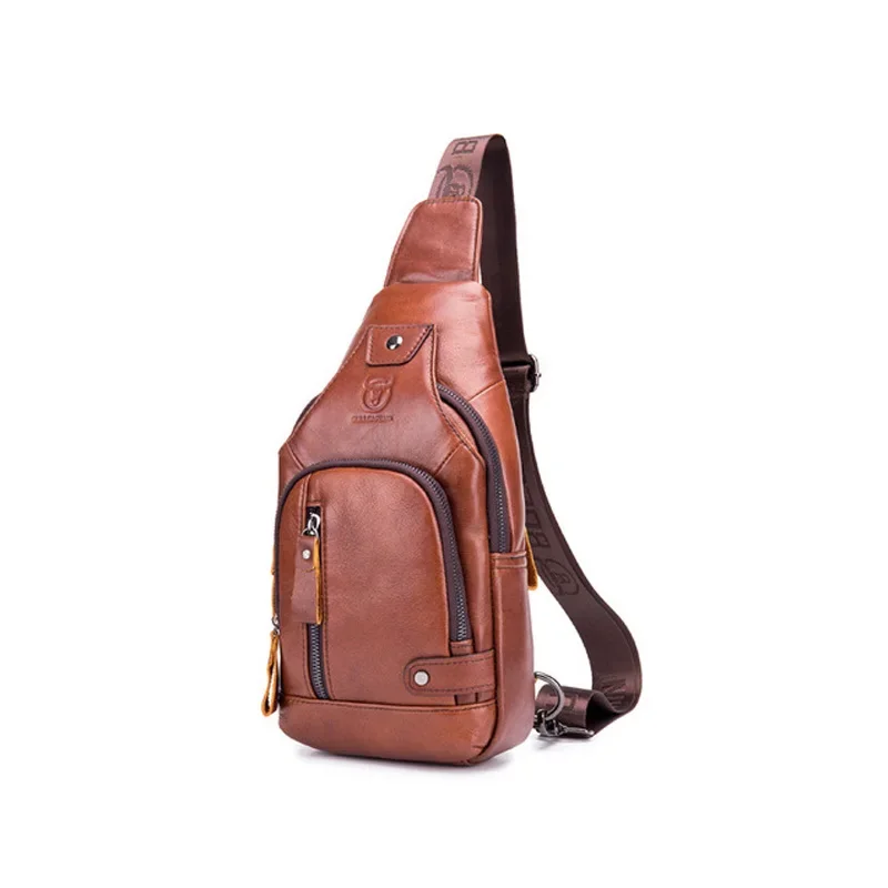 Bullcaptain Leather Large Capacity Chest Bag Men\'s Shoulder Bag with USB Port for Outdoor Casual Activities Fashion Crossbody