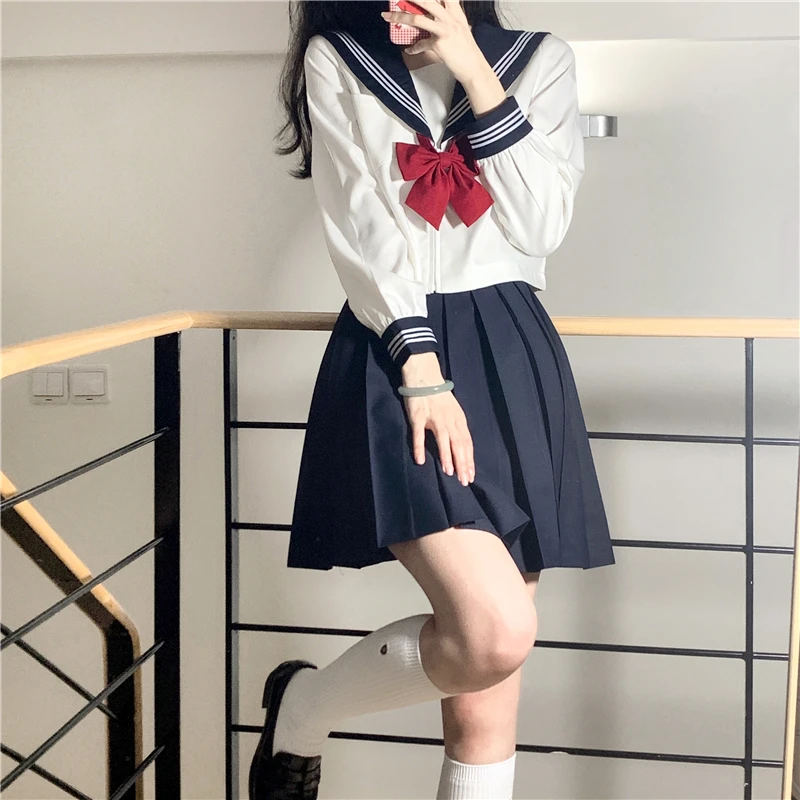 Thick White Three Lines Japanese School Uniform College High School Girls Student Uniforms Sailor Suit White Tops Pleated Skirt