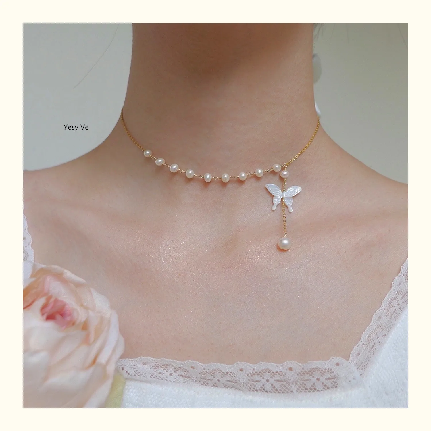 

Yesy Ve Women Fairy 2 Wears Natural Fresh Water Pearls Butterfly Choker Necklace Import 14K Gold Plate Also Can Be Worn In Bath