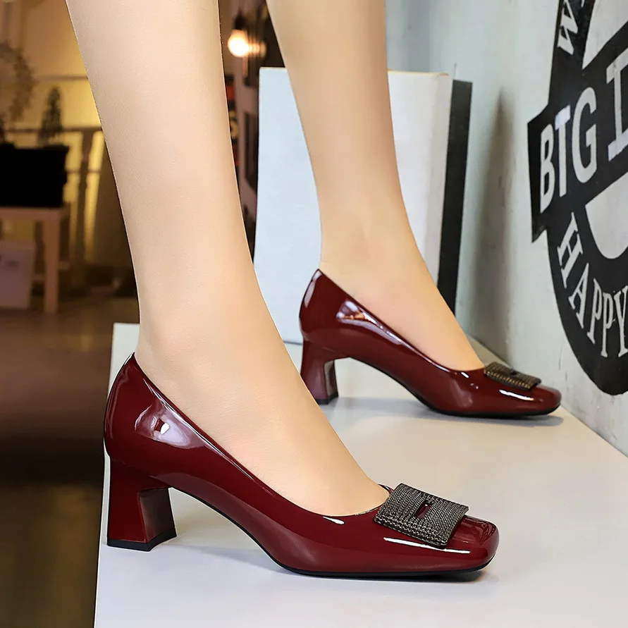 BIGTREE Temperament Women Profession OL 5cm High Heels Pumps Square Toe Patent Leather Crystal Buckle Decoration Lady Shoes view 5