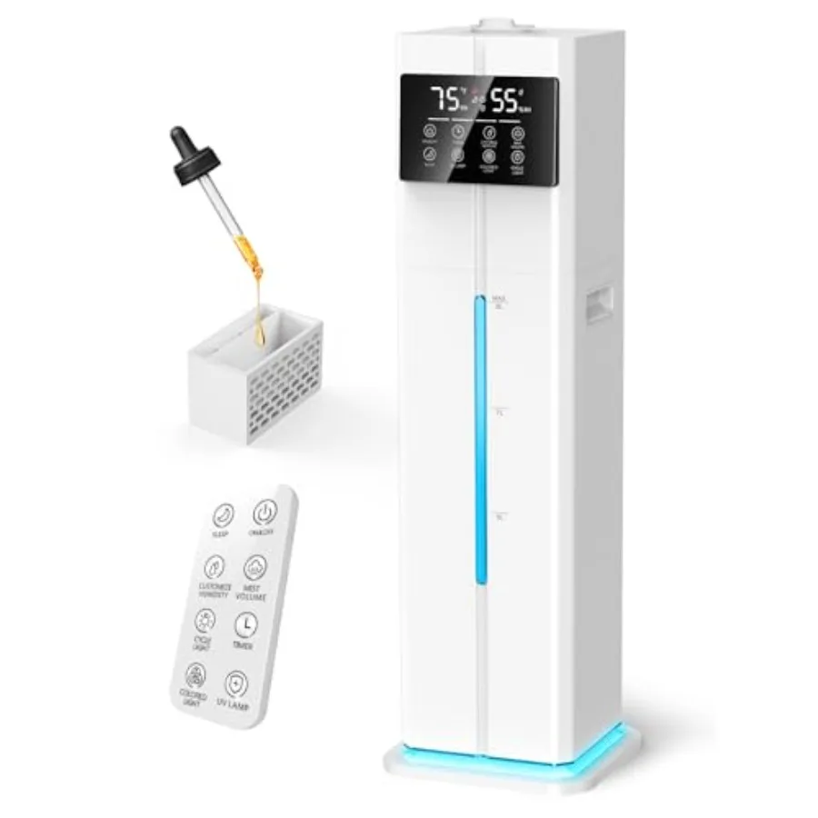 

Ультразвуковой увлажнитель воздуха с холодным туманом для спальни, 9 л (2,4 галлона), бесшумный, с верхней заливкой, легко чистится, с лотком для эфирных масел, 360-градусные форсунки, 4 скорости, пульт ДУ